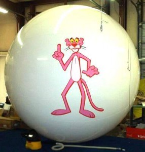 helium advertising balloon with pink panther logo